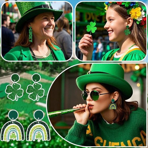 St Patrick's Day Earrings Set 9 Pairs Green Shamrock Clover Festive Dangle Jewel - Picture 2 of 8